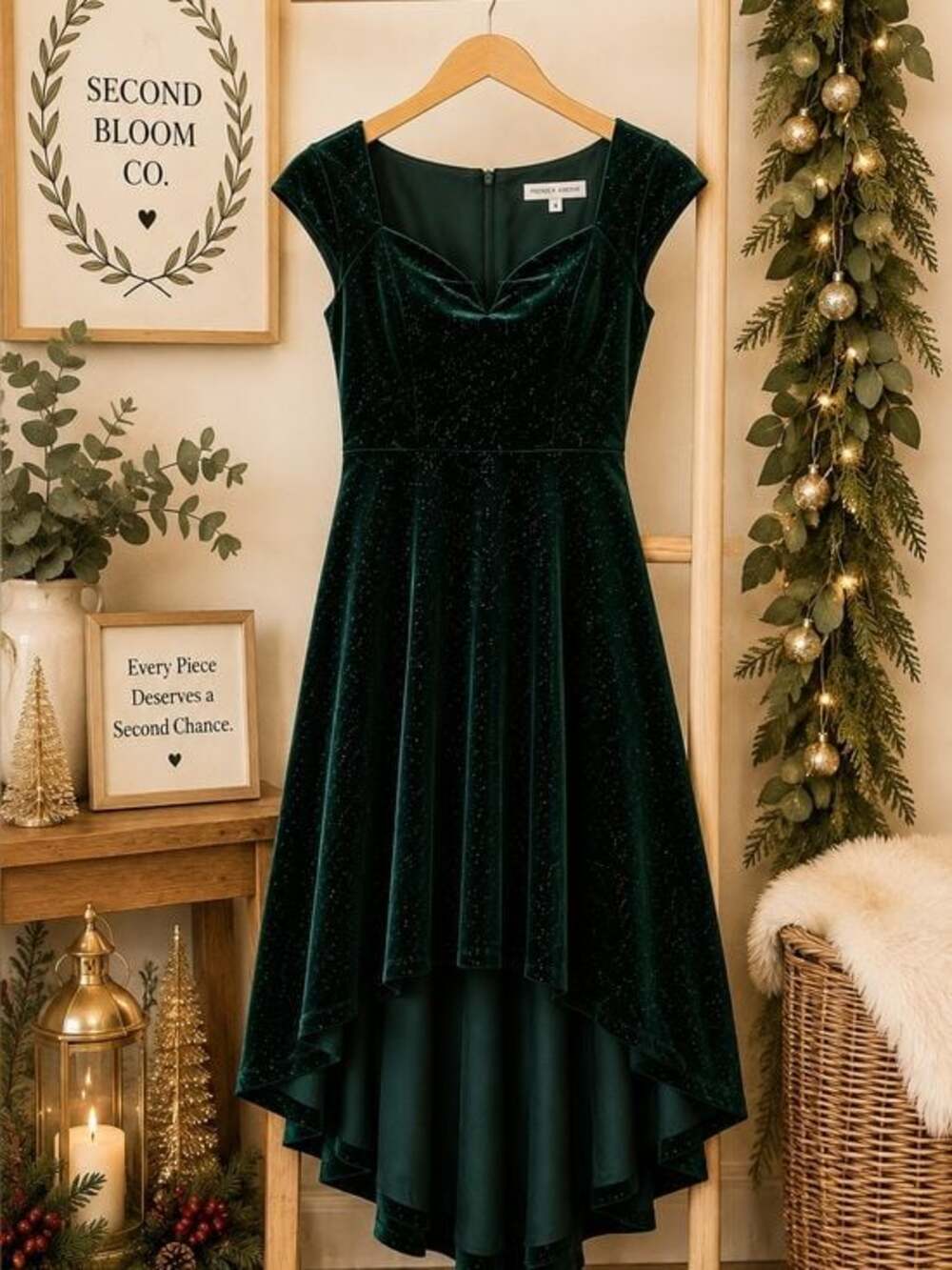 Premier Amour Emerald Green Velvet Sparkle High-Low Holiday Dress Size 4